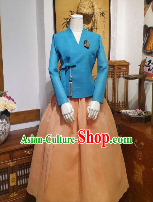 Korean Women Traditional Blue Blouse and Orange Dress Asian Korea National Fashion Costumes Hanbok Informal Apparels