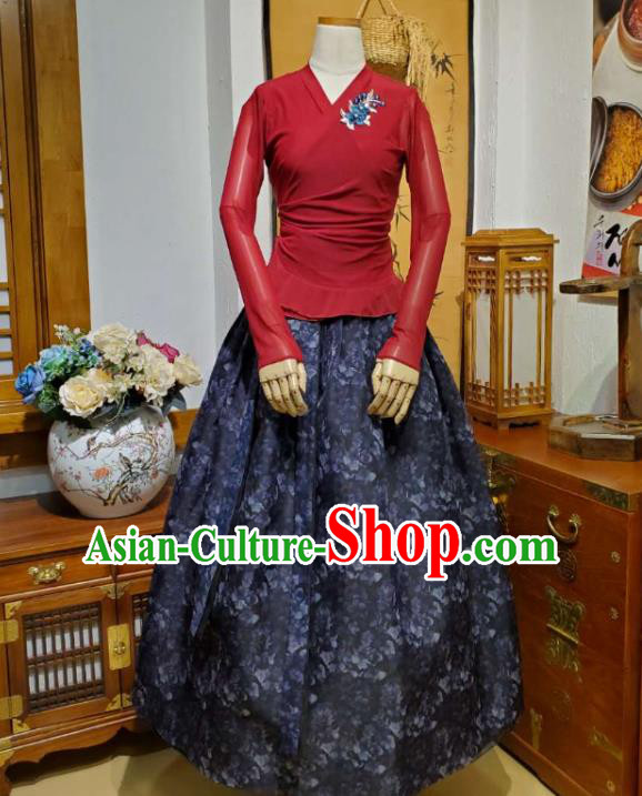 Korean Dance Training Dark Red Veil Blouse and Navy Skirt Asian Women Hanbok Informal Apparels Korea Fashion Traditional Costumes