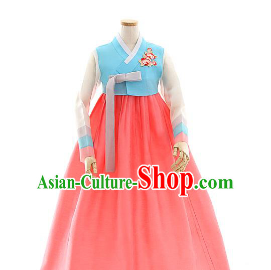 Korean Bride Blue Blouse and Watermelon Red Dress Korea Fashion Costumes Traditional Hanbok Festival Wedding Apparels for Women