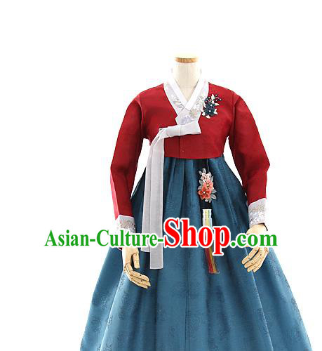 Korean Bride Mother Purplish Red Blouse and Navy Dress Korea Fashion Costumes Traditional Hanbok Festival Wedding Apparels for Women
