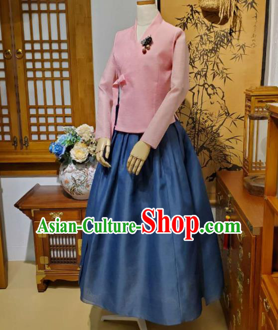 Korean Women Apparels Pink Blouse and Navy Skirt Asian Korea Fashion Traditional Hanbok Costumes