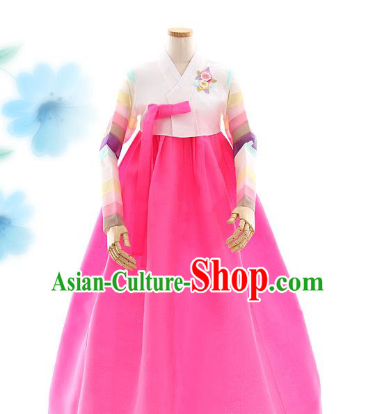 Korean Bride White Blouse and Rosy Dress Korea Fashion Costumes Traditional Festival Hanbok Apparels for Women