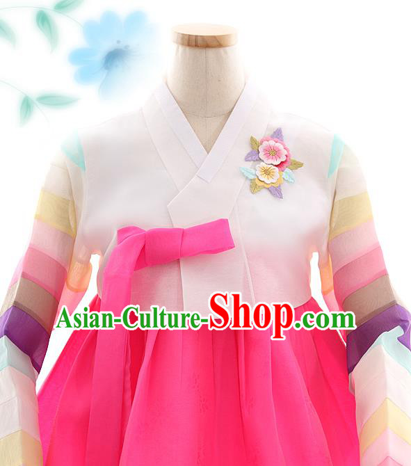 Korean Bride White Blouse and Rosy Dress Korea Fashion Costumes Traditional Festival Hanbok Apparels for Women