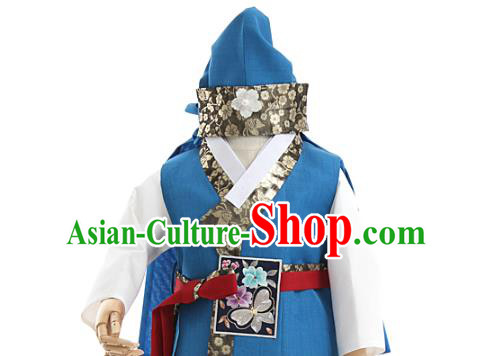 Asian Korea Boys Embroidered Blue Vest and Pants Korean Children Birthday Fashion Traditional Apparels Kids Hanbok Costumes