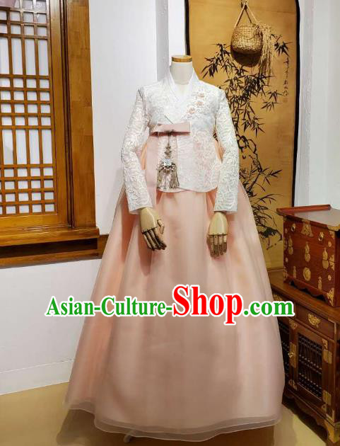Korean Traditional Wedding White Lace Blouse and Pink Dress Korea Fashion Bride Costumes Hanbok Apparels for Women