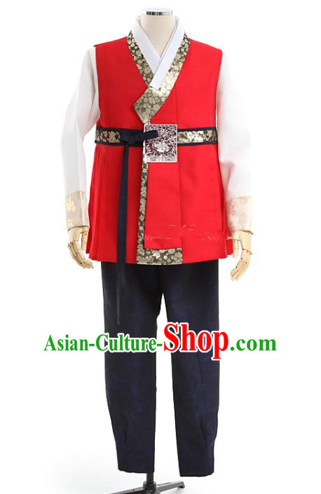 Asian Korea Men Embroidered Red Vest Shirt and Pants Korean Wedding Fashion Traditional Apparels Bridegroom Hanbok Costumes