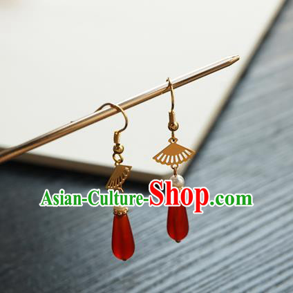 Handmade Chinese Women Red Bead Ear Accessories Classical Hanfu Pearls Earrings