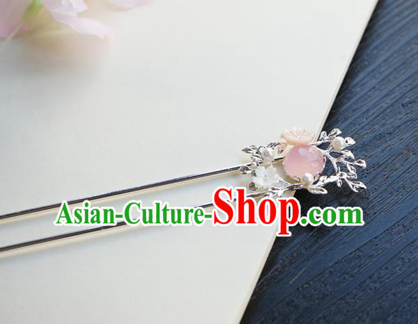 Chinese Classical Pink Chalcedony Hair Clip Hair Accessories Handmade Ancient Hanfu Argent Hairpin for Women