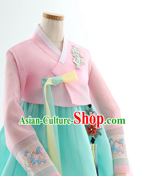 Korean Bride Hanbok Pink Blouse and Blue Dress Korea Fashion Wedding Costumes Traditional Festival Apparels for Women