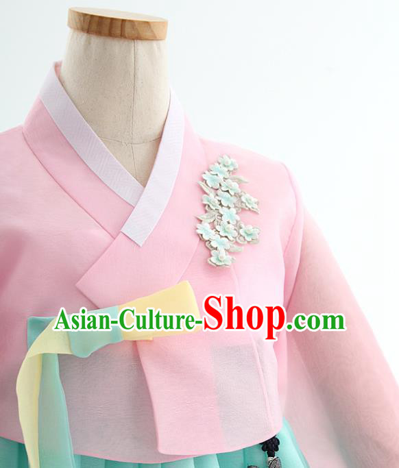 Korean Bride Hanbok Pink Blouse and Blue Dress Korea Fashion Wedding Costumes Traditional Festival Apparels for Women