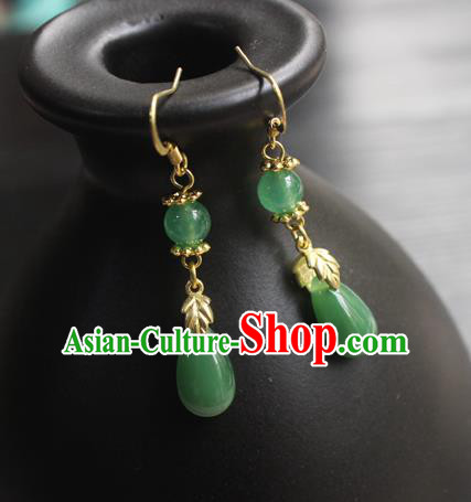 Handmade Chinese Women Green Jade Ear Accessories Classical Hanfu Eardrop Earrings