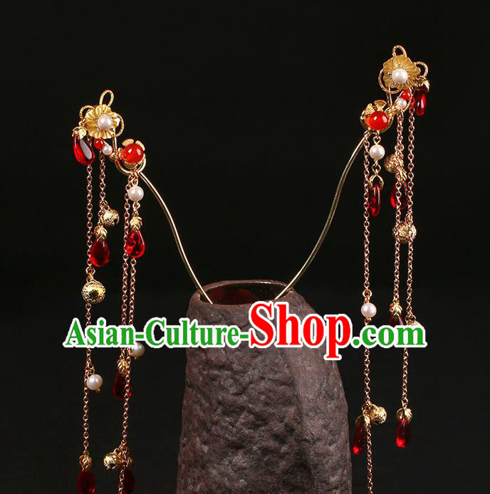 Chinese Classical Golden Bells Tassel Hair Clip Hanfu Hair Accessories Handmade Ancient Court Lady Flower Hairpins for Women