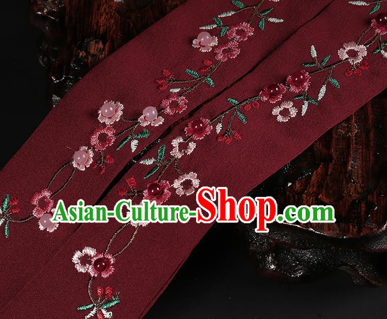 Chinese Classical Embroidered Wine Red Silk Headband Hanfu Hair Accessories Handmade Tassel Bandeau Hairlace for Women