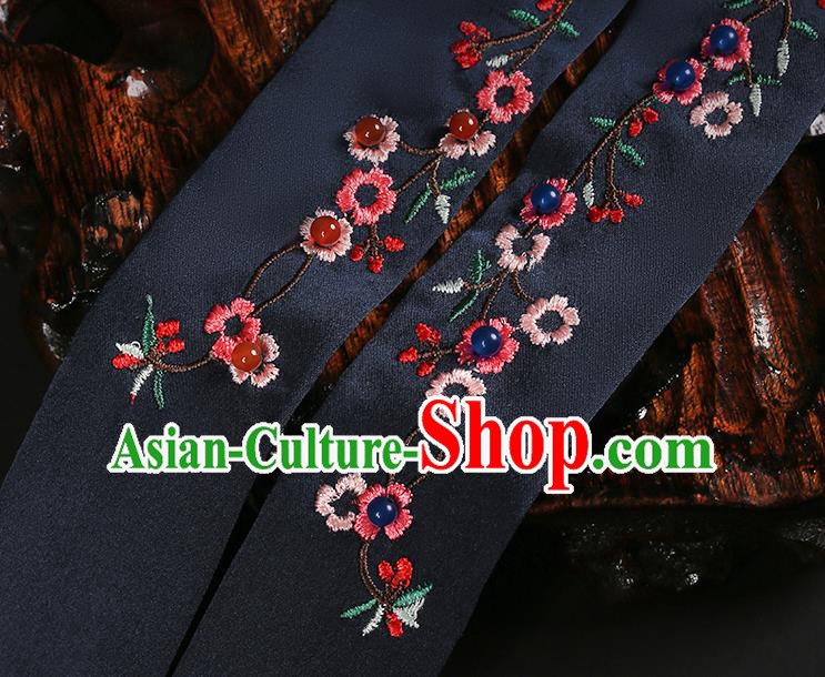 Chinese Classical Embroidered Navy Silk Headband Hanfu Hair Accessories Handmade Tassel Bandeau Hairlace for Women