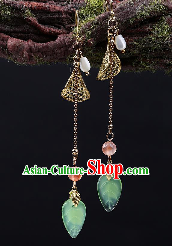 Handmade Chinese Green Leaf Ear Accessories Classical Eardrop Ancient Women Hanfu Long Tassel Earrings