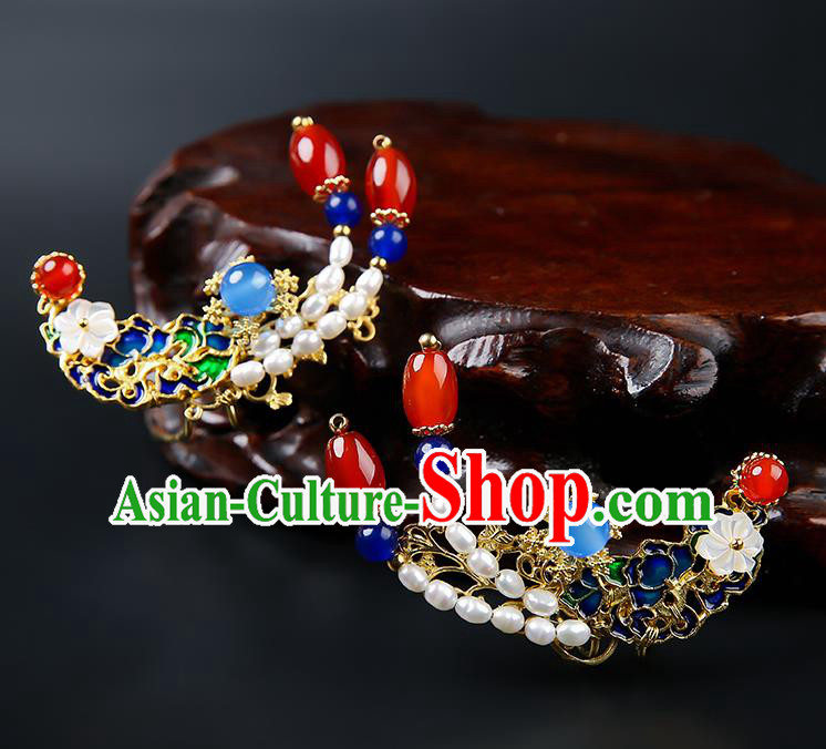 Chinese Classical Pearls Hair Combs Hanfu Hair Accessories Handmade Ancient Qing Dynasty Agate Hairpins for Women