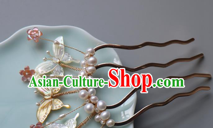 Chinese Classical Pearls Hair Comb Hanfu Hair Accessories Handmade Ancient Princess Shell Butterfly Hairpins for Women
