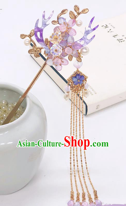 Chinese Classical Purple Antler Hair Clip Women Hanfu Hair Accessories Handmade Ancient Princess Tassel Hairpins