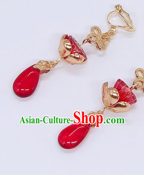 Handmade Chinese Ming Dynasty Red Lotus Seedpod Ear Accessories Classical Eardrop Ancient Court Women Hanfu Earrings