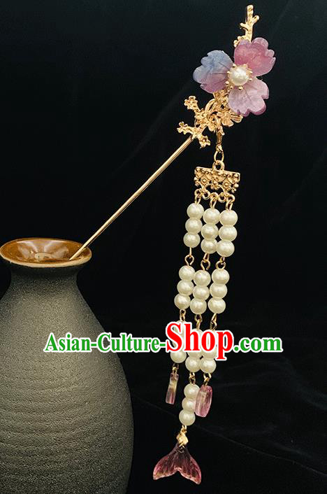 Chinese Classical Lilac Flower Hair Clip Hanfu Hair Accessories Handmade Ancient Princess Beads Tassel Hairpin for Women