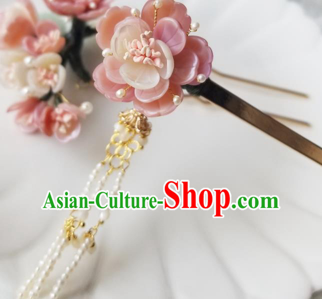 Chinese Classical Peach Flower Hair Clip Hanfu Hair Accessories Handmade Ancient Song Dynasty Pearls Tassel Hairpins for Women