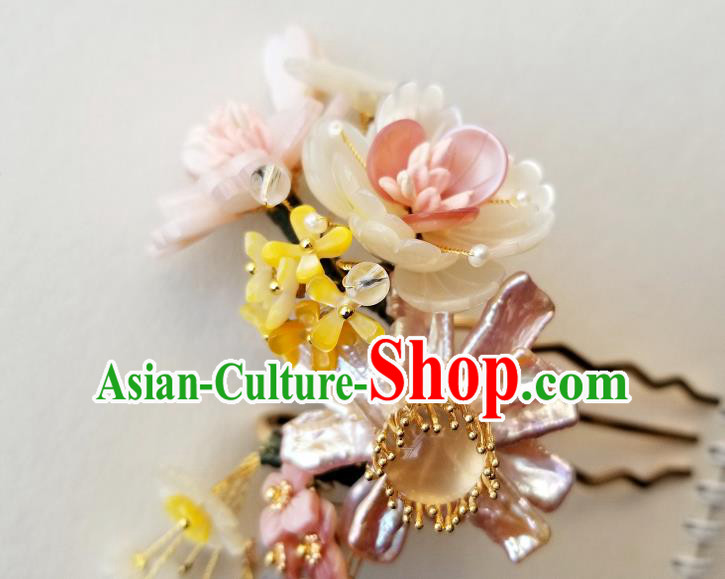 Chinese Classical Pink Chalcedony Hair Comb Hanfu Hair Accessories Handmade Ancient Song Dynasty Flowers Hairpins for Women