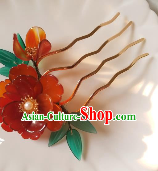 Chinese Classical Red Flower Hair Comb Hanfu Hair Accessories Handmade Ancient Queen Hairpins for Women