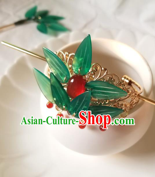 Chinese Classical Agate Hair Crown Hanfu Hair Accessories Handmade Ancient Queen Green Leaf Hairpins for Women