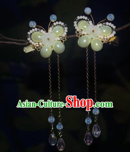 Chinese Classical Green Butterfly Hair Sticks Hanfu Hair Accessories Handmade Ancient Princess Tassel Hair Claws for Women