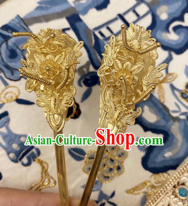 Chinese Classical Court Golden Hair Clips Women Hanfu Hair Accessories Handmade Ancient Tang Dynasty Empress Flowers Hairpins