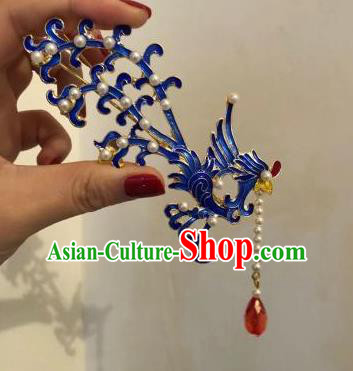 Chinese Classical Ancient Ming Dynasty Empress Phoenix Hairpins Women Hanfu Hair Accessories Handmade Blueing Tassel Hair Clip