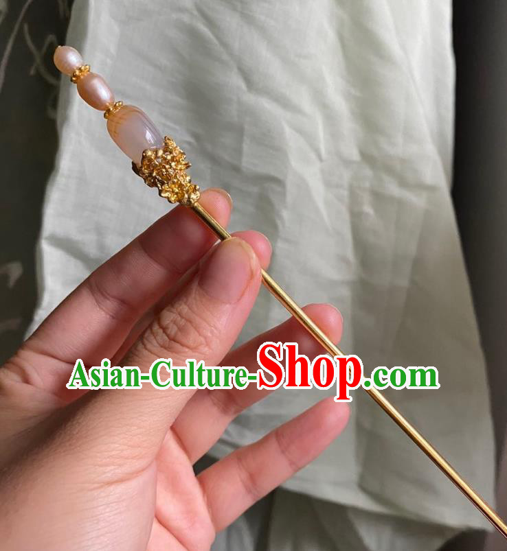 Chinese Ancient Court Empress Pink Pearls Hairpin Handmade Hanfu Hair Accessories Qing Dynasty Chalcedony Hair Clip