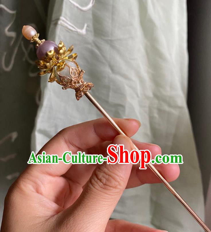 Chinese Ancient Court Golden Lotus Hairpin Handmade Hanfu Hair Accessories Qing Dynasty Stone Hair Clip