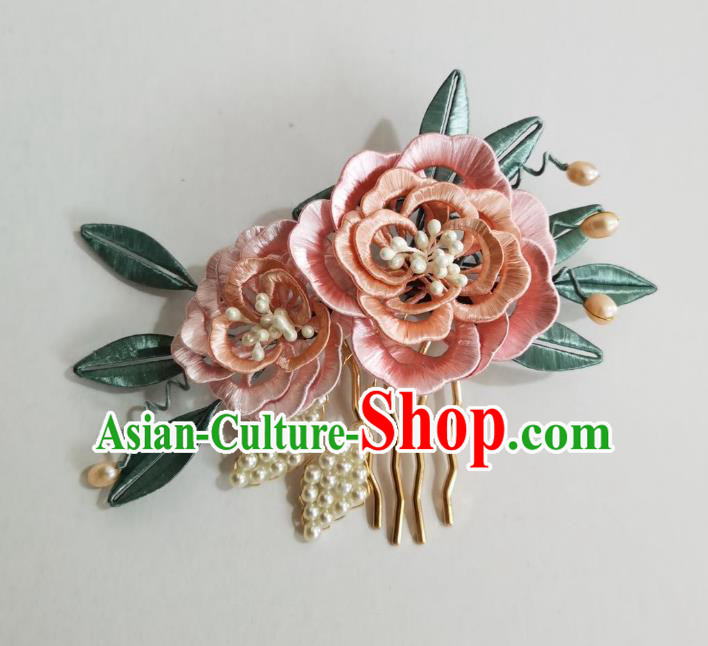 Chinese Classical Ancient Princess Pink Silk Peony Hair Comb Women Hanfu Hair Accessories Handmade Qing Dynasty Pearls Hairpin