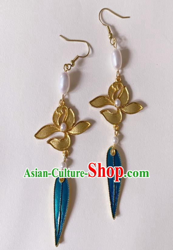 Handmade Chinese Classical Cheongsam Pearls Lotus Ear Accessories Eardrop Ancient Hanfu Blueing Leaf Earrings