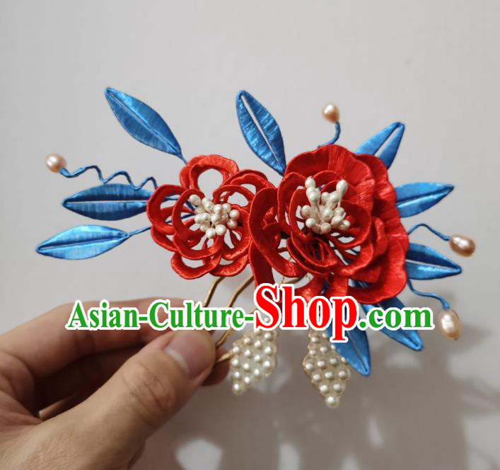 Chinese Classical Qing Dynasty Princess Hair Comb Women Hanfu Hair Accessories Handmade Ancient Pearls Red Silk Peony Hairpin