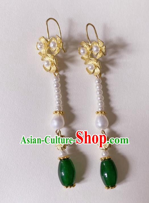 Handmade Chinese Classical Golden Eardrop Cheongsam Pearls Lotus Ear Accessories Ancient Hanfu Chrysoprase Earrings