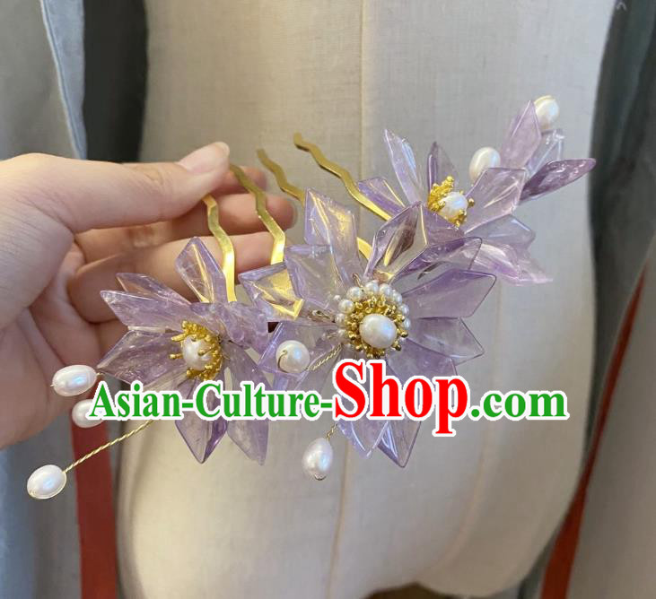 Chinese Classical Ming Dynasty Purple Lotus Hair Comb Women Hanfu Hair Accessories Handmade Ancient Princess Pearls Hairpin