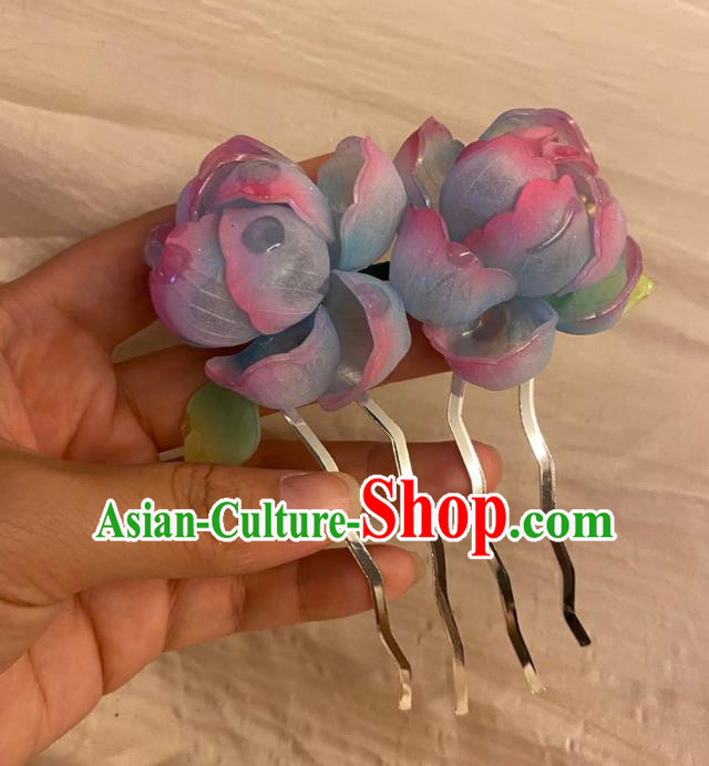 Chinese Ancient Palace Lady Blue Flowers Hairpin Hanfu Hair Accessories Handmade Hair Comb