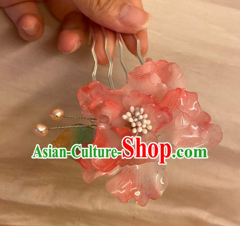 Chinese Ancient Palace Lady Pink Peony Hairpin Hanfu Hair Accessories Handmade Pearl Hair Comb