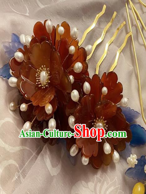 Chinese Classical Agate Peony Hair Comb Handmade Ancient Song Dynasty Pearls Hairpin Women Hanfu Hair Accessories