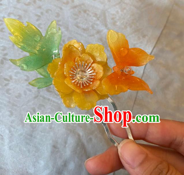 Chinese Classical Yellow Peony Butterfly Hair Clip Handmade Ancient Princess Hairpin Women Hanfu Hair Accessories