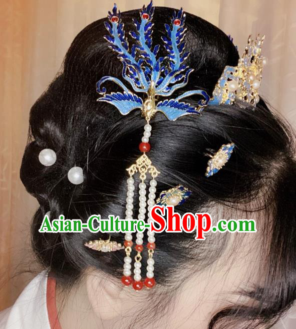 Chinese Classical Ancient Ming Dynasty Tassel Hairpins Women Hanfu Hair Accessories Handmade Court Blueing Phoenix Hair Clip