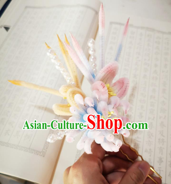 Chinese Ancient Princess Pink Velvet Chrysanthemum Hairpins Hair Accessories Handmade Qing Dynasty Court Pearls Hair Stick