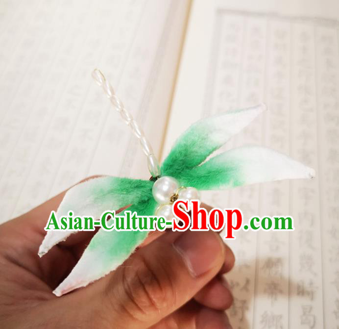 Chinese Ancient Princess Green Velvet Dragonfly Hairpins Hair Accessories Handmade Qing Dynasty Court Pearls Hair Stick
