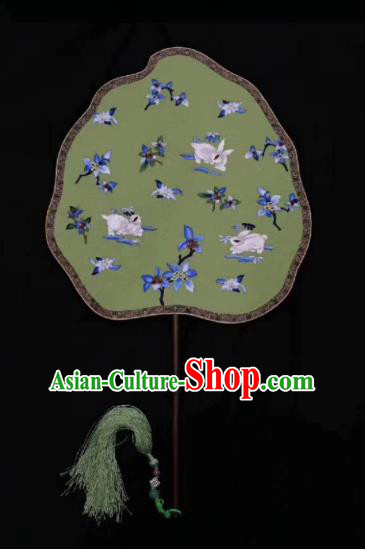 Chinese Classical Ancient Hanfu Peach Shape Green Silk Fan Ming Dynasty Princess Embroidered Rabbits Palace Fans