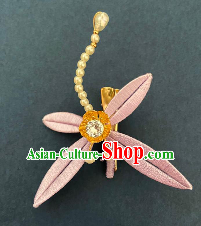 Chinese Ancient Princess Pearls Hairpins Hair Accessories Handmade Song Dynasty Pink Silk Dragonfly Hair Sticks