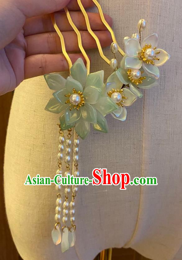 Chinese Ancient Princess Green Lotus Hairpin Hanfu Hair Accessories Women Handmade Pearls Tassel Hair Comb