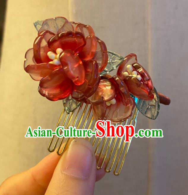 Chinese Ancient Princess Red Flowers Hairpin Hanfu Hair Accessories Women Handmade Rose Hair Comb
