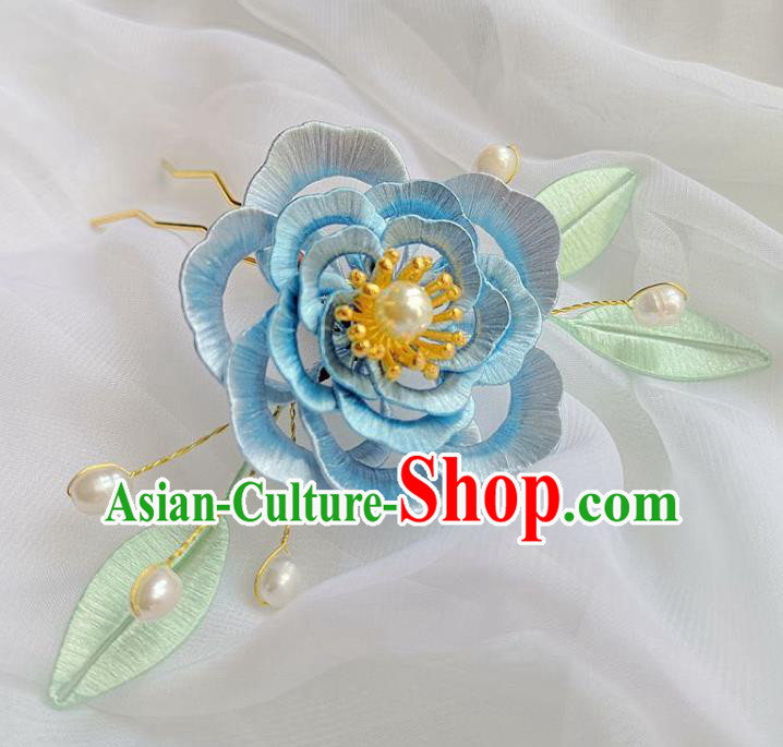 Chinese Ancient Princess Pearls Flower Hairpins Hair Accessories Handmade Hanfu Blue Silk Rose Hair Clip